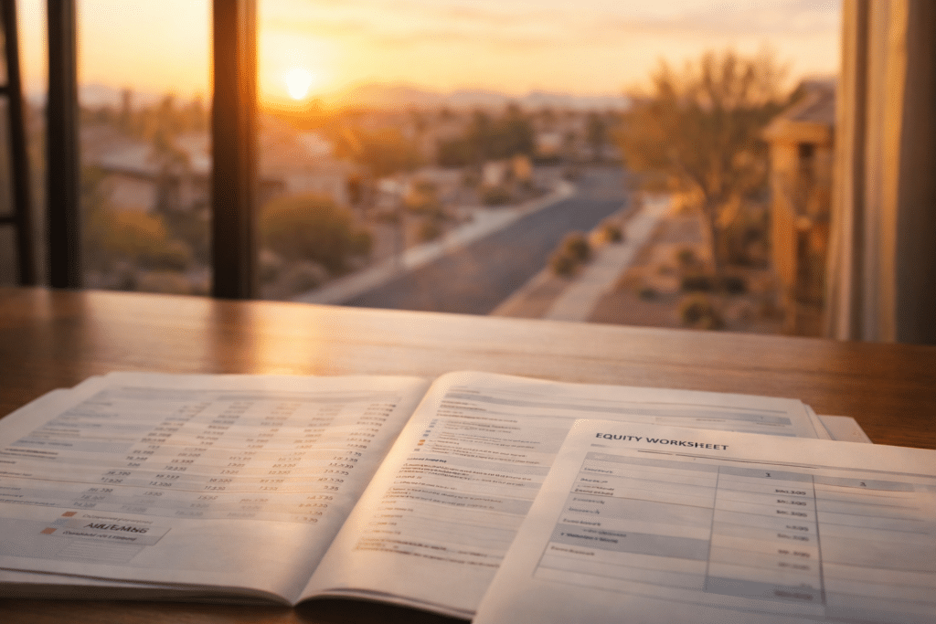Financial equity documents on wooden desk with blurred Phoenix Valley streetscape visible through background window.