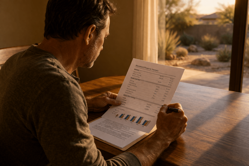 Homeowner reviewing financial documents at table with warm Arizona afternoon light, face partially turned for privacy.