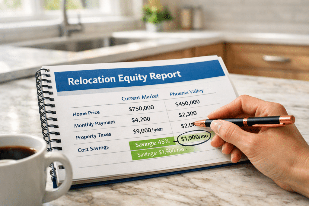 Personalized relocation equity report open on kitchen counter Arizona vs California comparison