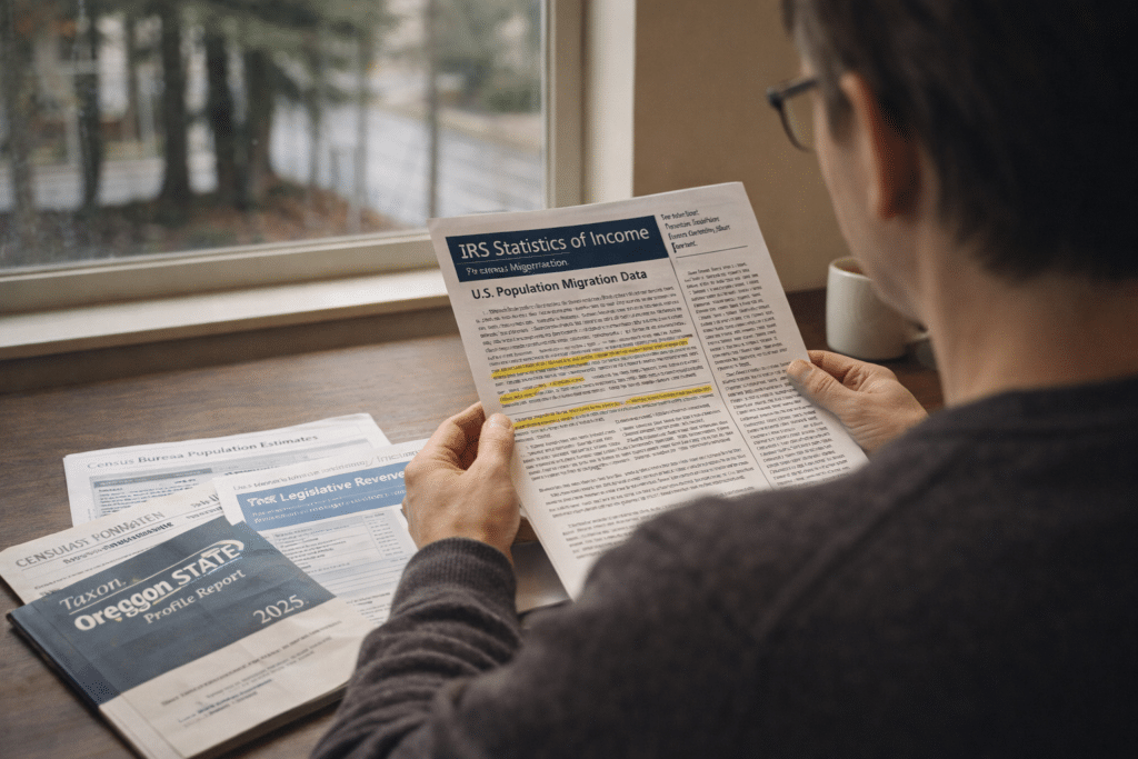 Homeowner reading IRS migration data Census reports Portland home office Oregon equity relocation financial research