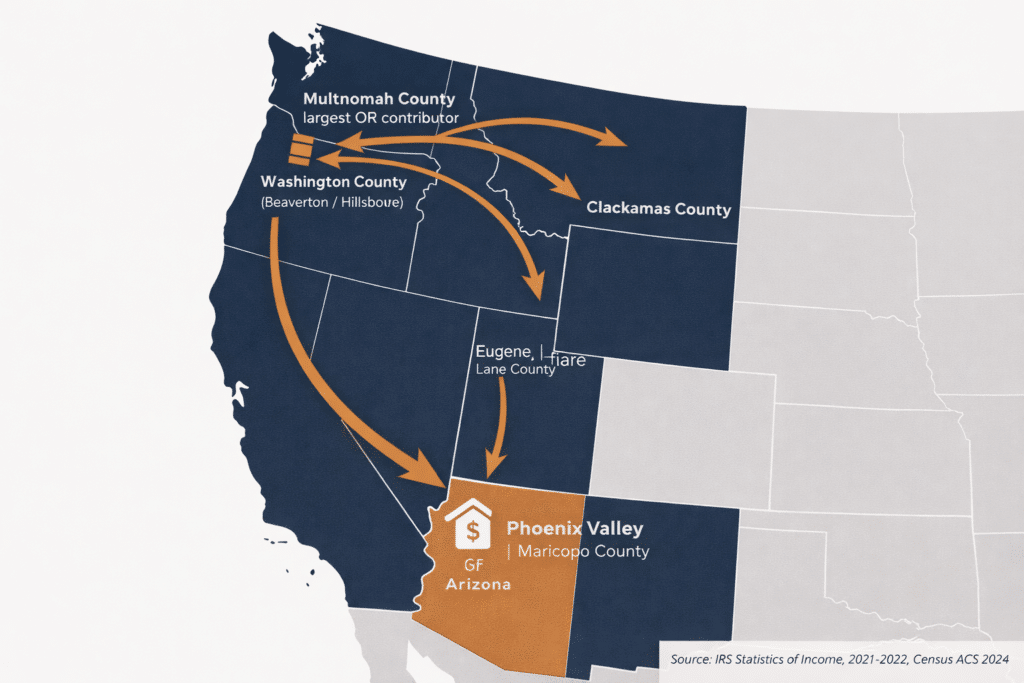 Oregon to Arizona migration map IRS data Multnomah County Portland to Phoenix Valley Maricopa County annual flow