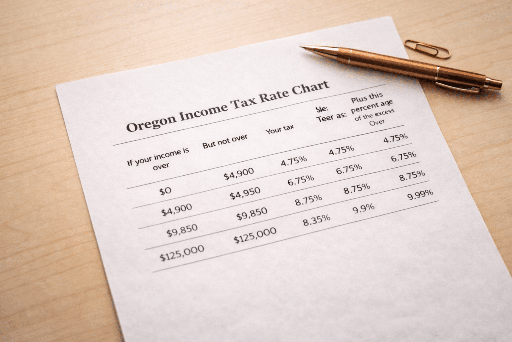 Oregon income tax rate chart document showing four graduated tax brackets on a wood desk surface.