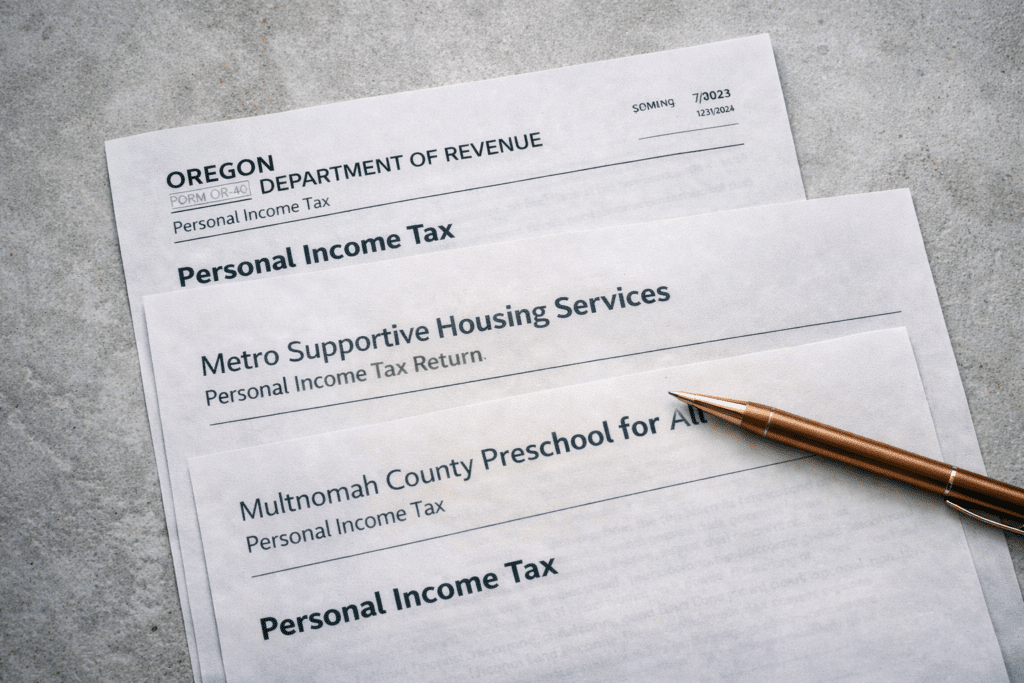 Three overlapping state and local income tax return documents on a concrete surface with a pencil.