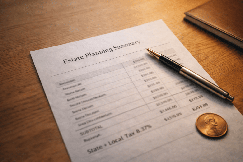 Estate planning summary document on oak desk with pen and notebook.
