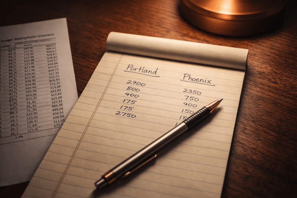 Financial planning notepad with two-column budget comparison and mortgage amortization document on a wooden desk.