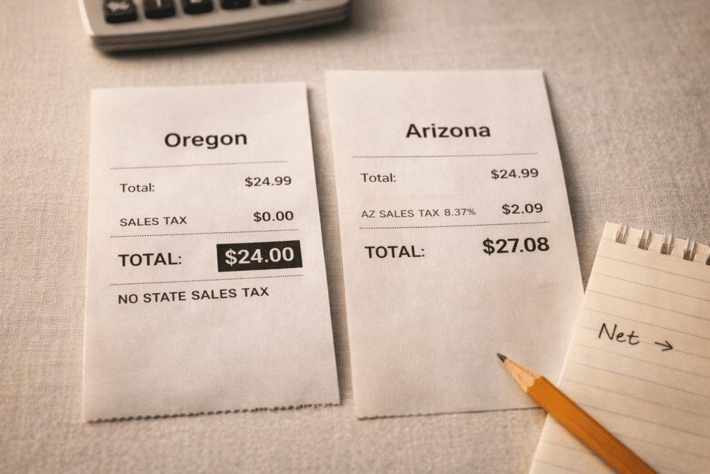 Two store receipts side by side showing zero sales tax and itemized sales tax comparison with calculator in background.