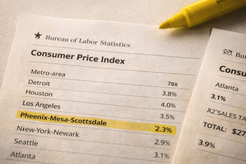 Printed Bureau of Labor Statistics Consumer Price Index report page with highlighted Phoenix metro percentage figure.
