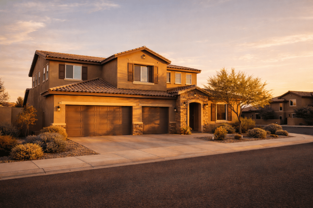 Modern single-story suburban Phoenix Valley home with stucco exterior and desert landscaping photographed at golden hour.