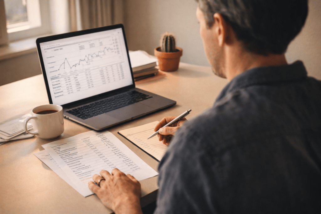 Person in early 40s working at a home office desk reviewing financial data on a laptop and printed spreadsheet.