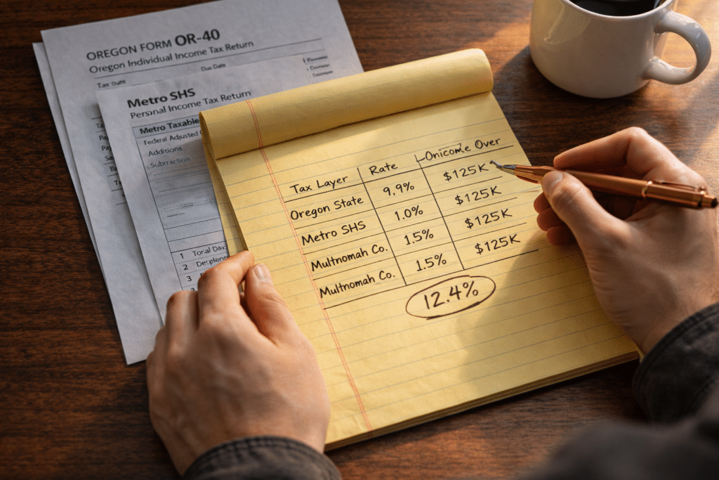 Portland income tax layers calculation Oregon state Metro SHS Multnomah County combined 12.4 percent rate worksheet