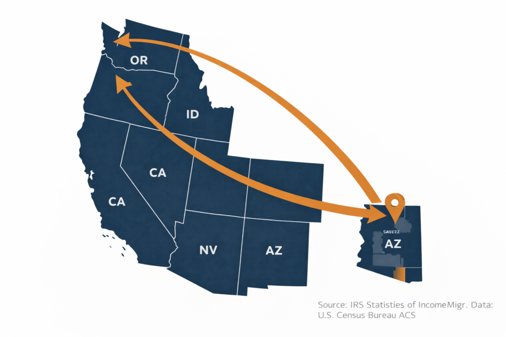 Flat-design map illustration showing migration corridor arrow from Portland Oregon to the Gilbert and Phoenix East Valley metropolitan area in Arizona.