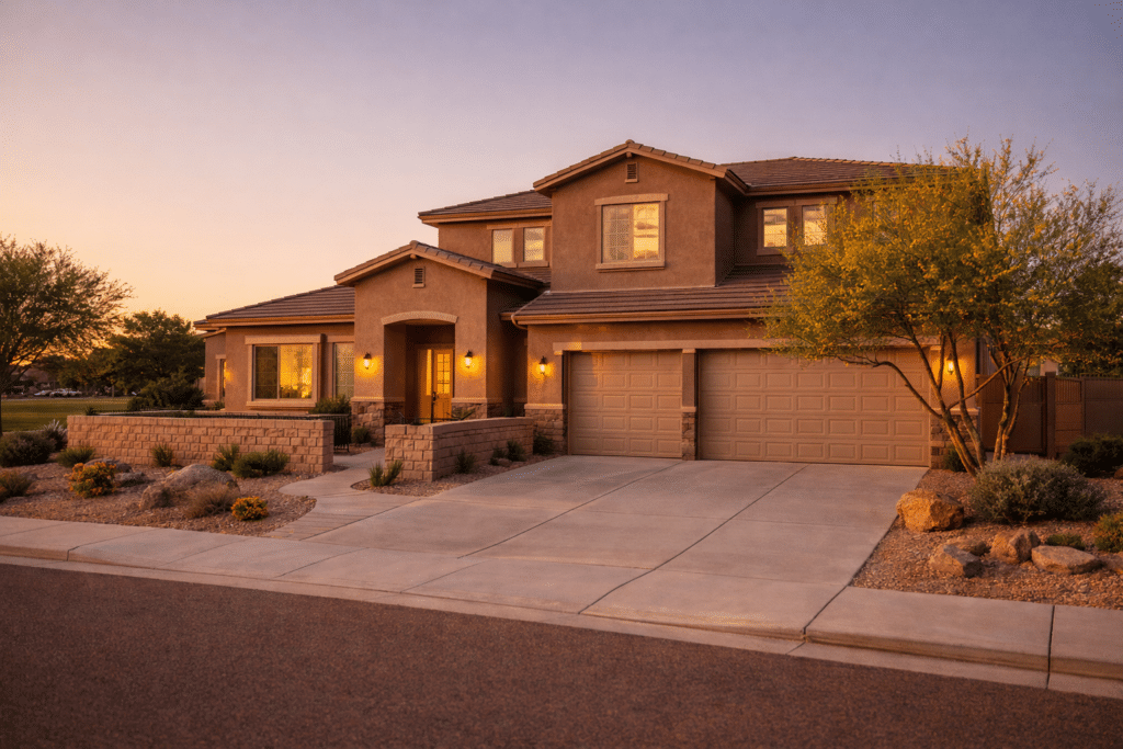 Two-story stucco home with three-car garage and desert courtyard landscaping in a mid-range Chandler Arizona community.