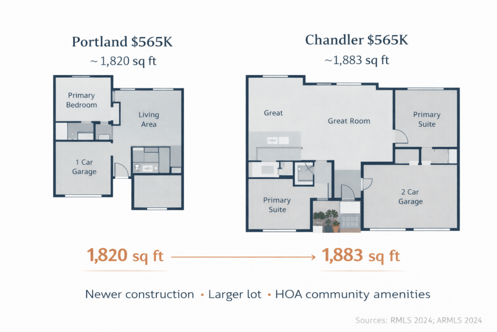 Side-by-side residential floorplan illustration comparing Portland Oregon and Chandler Arizona homes at similar price points with construction context notes.