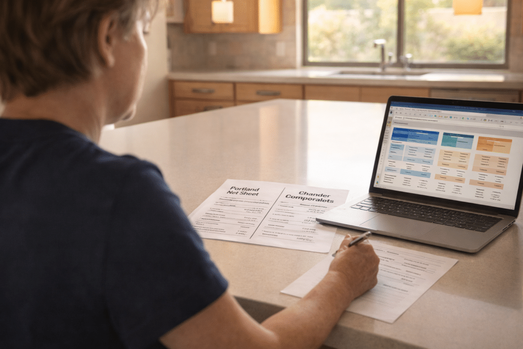 Person reviewing Portland net sheet and Chandler comparables documents at a modern kitchen island in natural light.