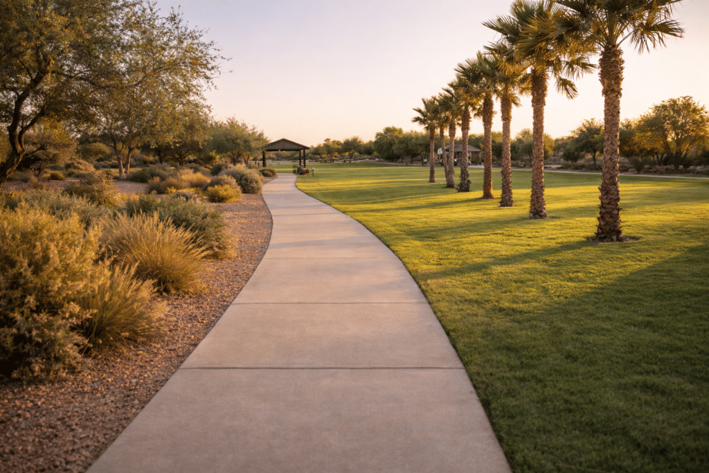 Paved walking trail with desert landscaping and a ramada shade structure in a Chandler Arizona HOA master-planned community.
