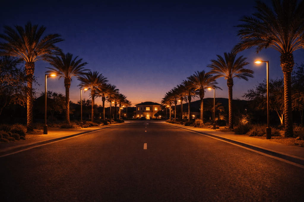 Wide Scottsdale master-planned community boulevard at dusk with desert palms and illuminated homes visible in the distance.