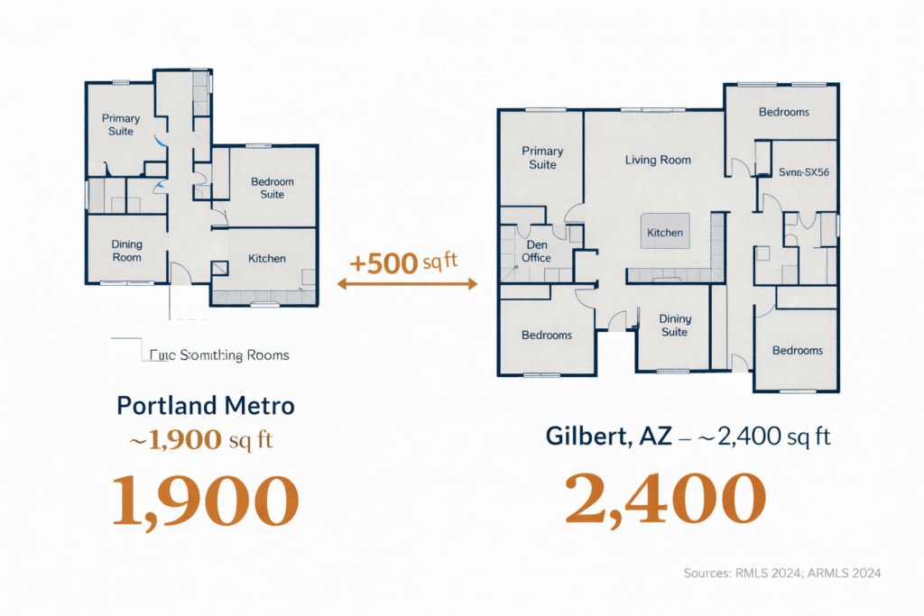 Side-by-side residential floorplan comparison illustration showing Portland 1,900 square foot layout versus Gilbert Arizona 2,400 square foot layout.
