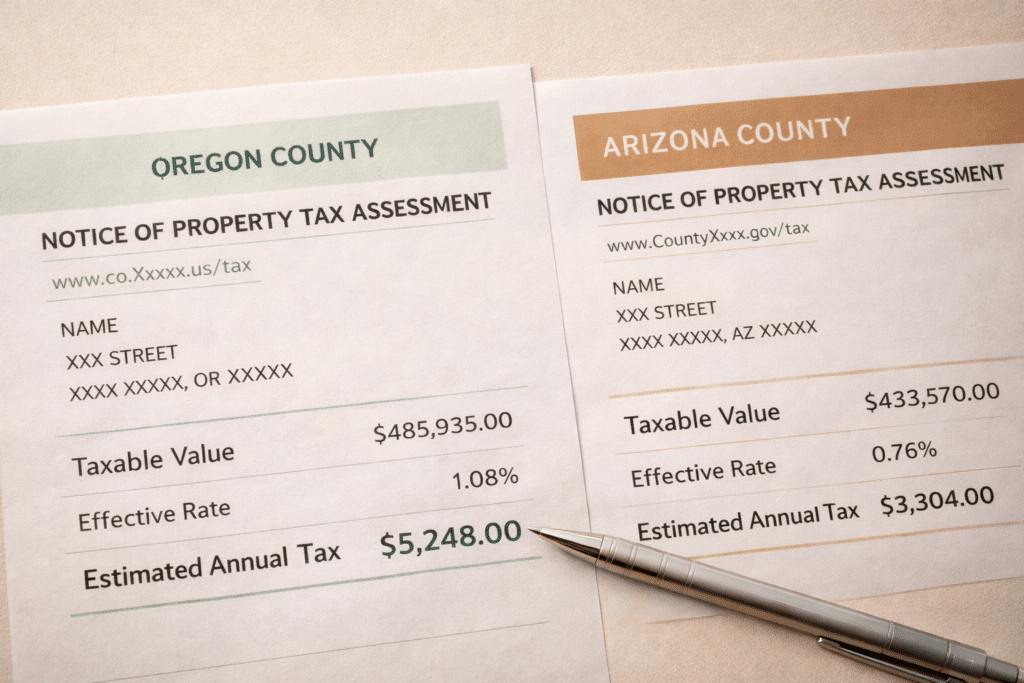 Two property tax assessment notices from Oregon and Arizona placed side by side showing contrasting annual property tax amounts.