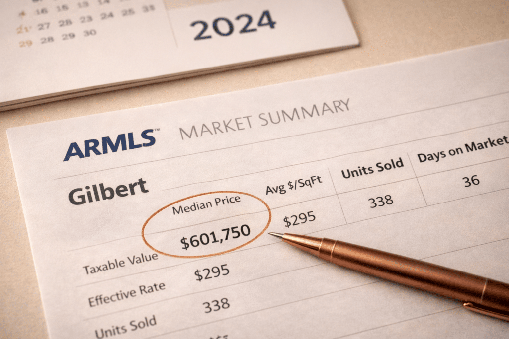 Printed ARMLS market summary report showing Gilbert Arizona median sold price and price per square foot data for 2024.
