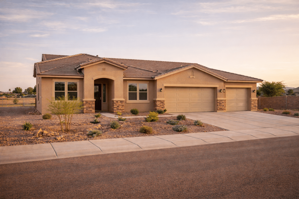 New construction single-family home with fresh desert landscaping in an outer Gilbert Arizona sub-market in an active development area.