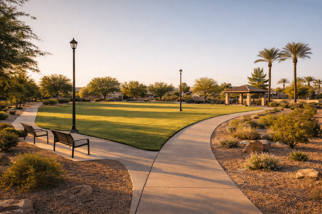 Maintained greenbelt park node with walking trail and ramada shade structure inside a Mesa Arizona HOA master-planned community.