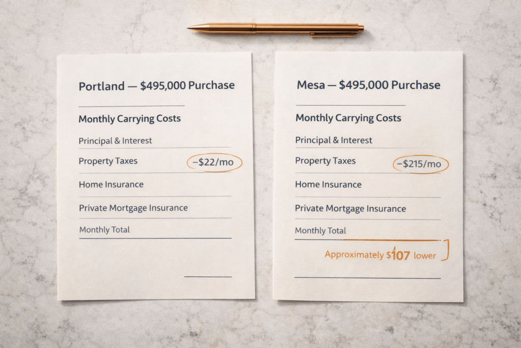Side-by-side monthly carrying cost worksheets comparing Portland Oregon and Mesa Arizona property tax lines at the same purchase price.