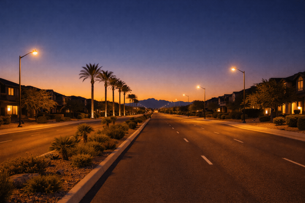 Wide Mesa Arizona residential boulevard at dusk with Superstition Mountain silhouette and warm stucco homes illuminated at street level.