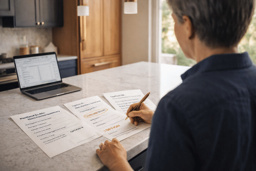 Person reviewing three equity option documents at a modern kitchen island in natural light with a financial spreadsheet visible on a laptop.