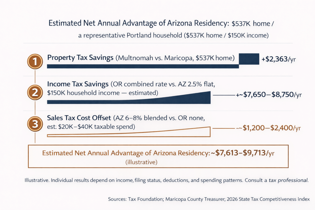 Stacked horizontal diagram showing three tax line contributions to the annual financial advantage of Arizona residency including property tax income tax and sales tax offset.