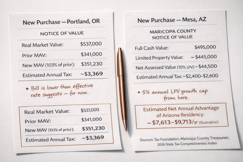 Side-by-side flat-lay of a new buyer Oregon Notice of Value and a new buyer Maricopa County Notice of Value showing assessed value fields and first-year estimated tax.