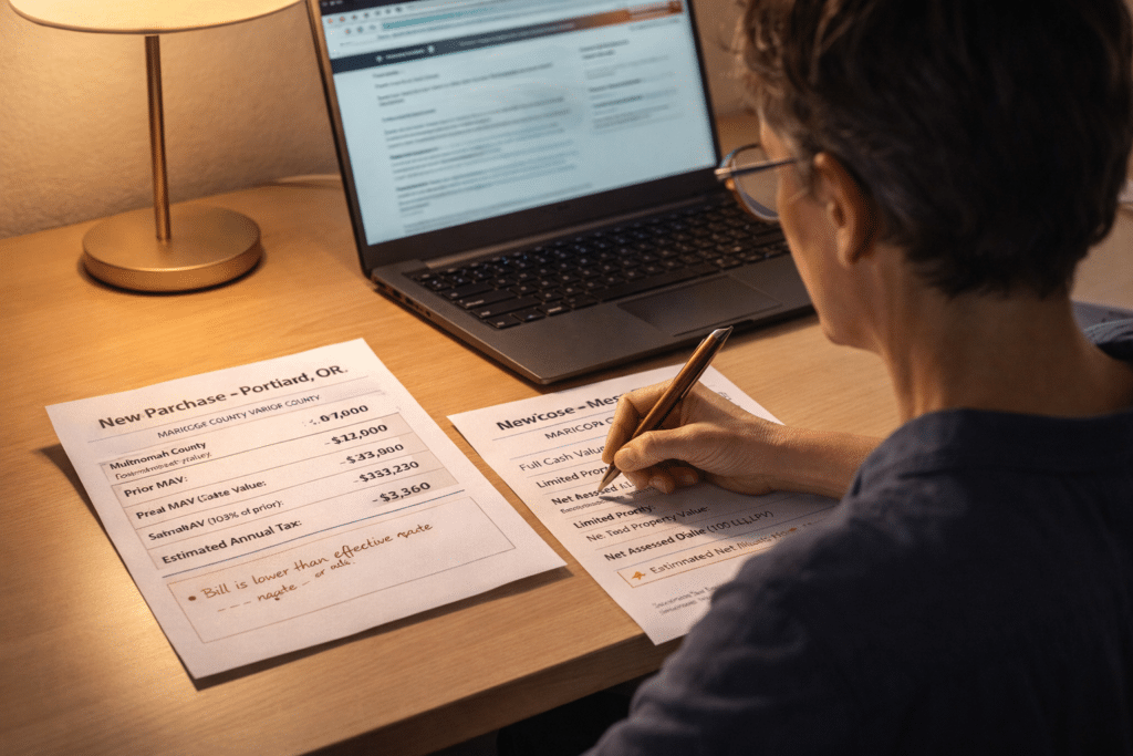 Person in their late forties to mid-fifties reviewing a property tax rate comparison worksheet alongside a county assessor document at a home office desk.