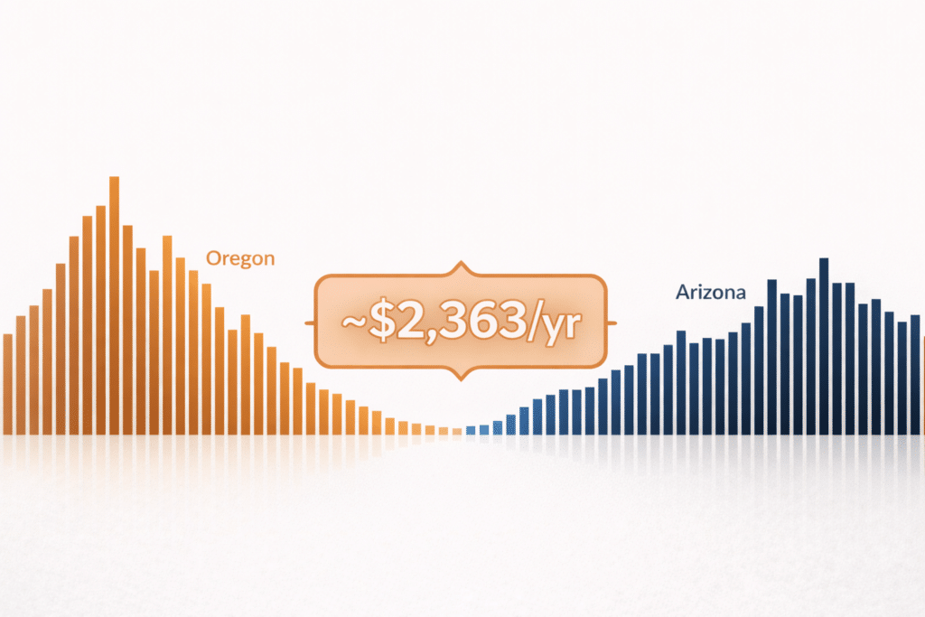 Abstract data visualization with copper and navy vertical bars representing property tax levels in Oregon and Arizona with an annual savings bracket labeled.