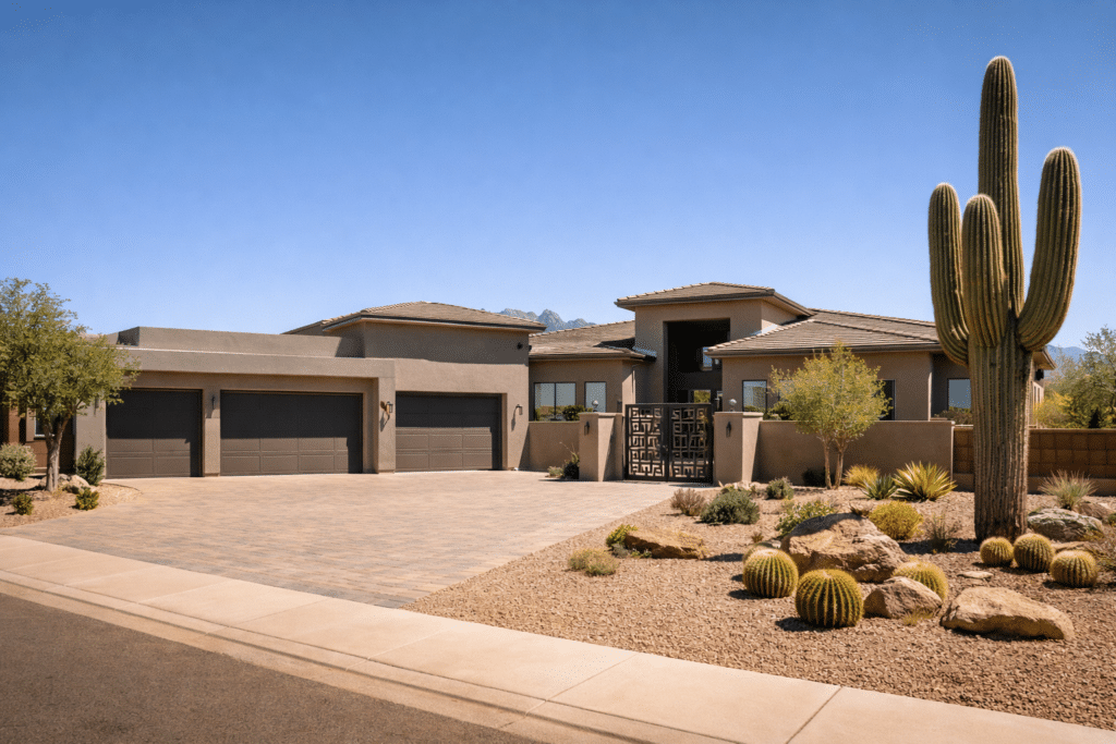 Large contemporary desert-modern home with Sonoran landscaping and mountain view in East Mesa Arizona upper-tier neighborhood.
