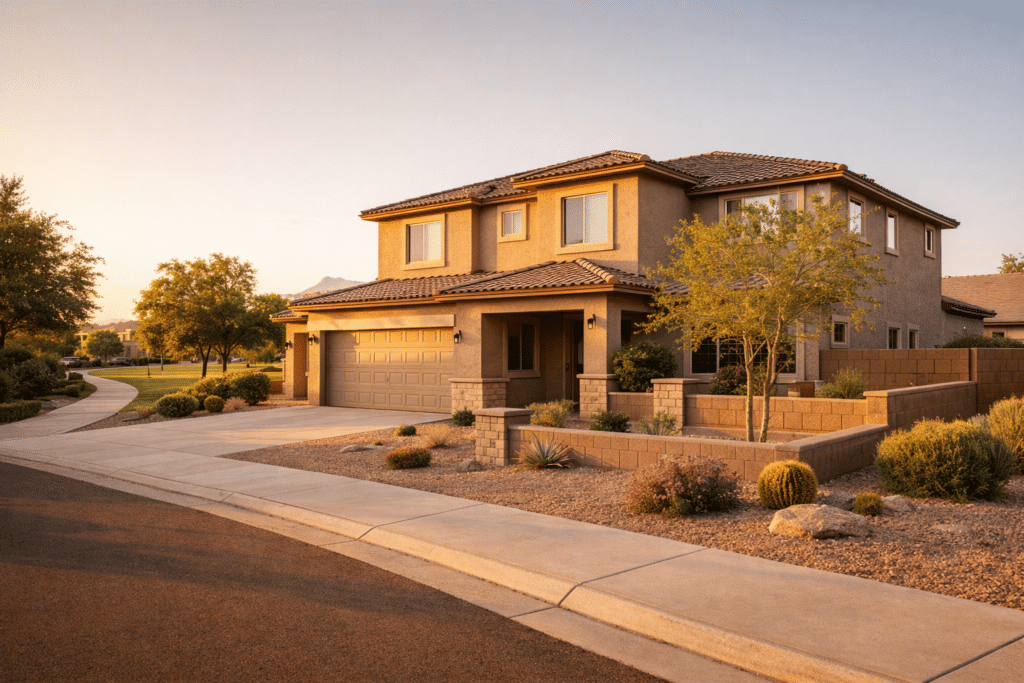 Two-story stucco home with three-car garage and desert courtyard landscaping in a mid-tier Mesa Arizona master-planned community.